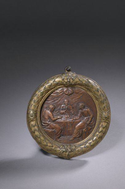 null SMALL circular TABLE representing the Emmaus Supper in fruit wood carved in...