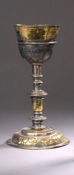 null Gilt silver CALICE, baluster shaft, circular base decorated with interlaced...