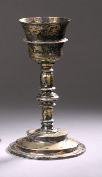 null GOLDED SILVER CALICE, shaft with baluster knot, circular moulded base, bowl...