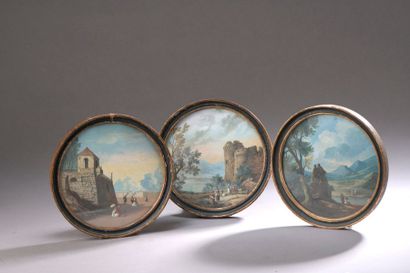 null École ITALIENNE vers 1840 Paysages animés Trois grandes miniatures rondes gouachées...