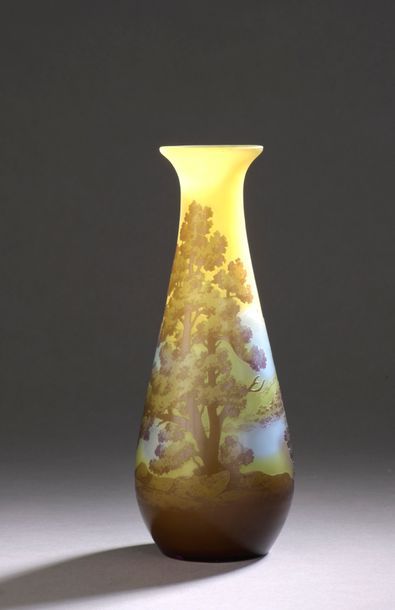 null Piriform multilayered glass vase with acid-etched decoration of mountainous...