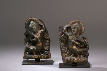 null NEPAL - 18th / 19th century Pair of repoussé copper naga with traces of gold...