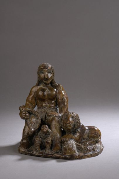 null Sculpture d'un chasseur assis tenant un arc, accompagné d'un lion et d'un singe....
