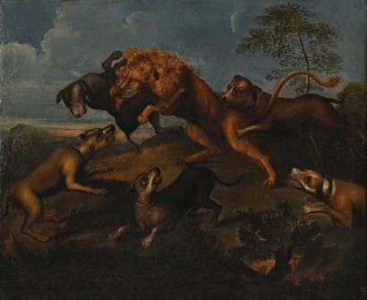 École FRANÇAISE du XVIIIe siècle 
Lion hunt
Oil on canvas H. 54 cm - W. 66 cm
Re...
