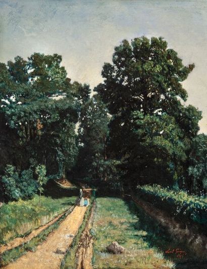 Paul Camille GUIGOU (1834-1871) 
Le chemin sous bois
Oil on canvas, rentoilé, signed...