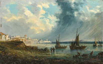 Gilbert BURLING (1843-1875) 
Return from fishing before the storm
Oil on panel, signed...