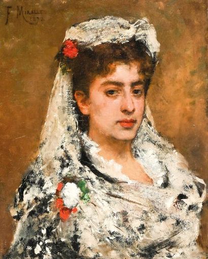 Francisco MIRALLES Y GALUP (1848-1901) 
Portrait de jeune mariée
Huile sur toile,...
