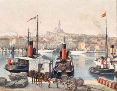 Attribué à Joseph-Félix BOUCHOR (1853-1937) 
Port de Marseille côté quai du port
Huile...