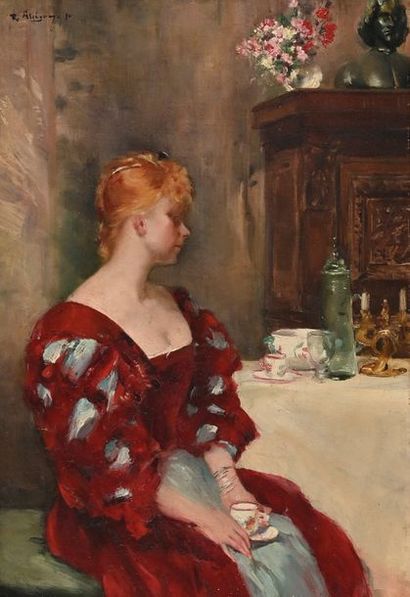 Raymond ALLEGRE (1857-1933) 
Portrait de femme assise
Huile sur toile, signée en...