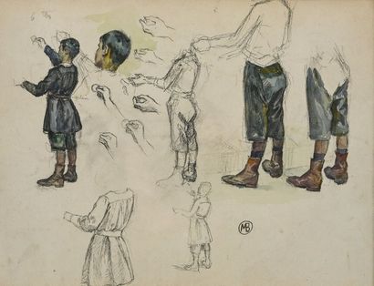 Marius Antoine BARRET (1865-1929) 
L'écolier
Esquisse au crayon et à l'aquarelle,...