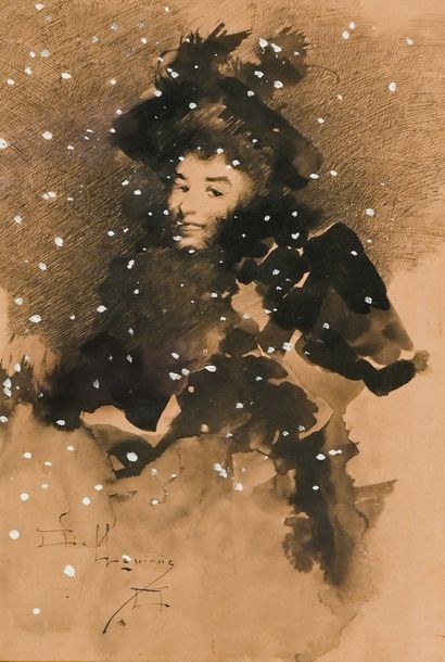 David DELLEPIANE (1866-1932) 
Élégante sous la neige
Encre de Chine et rehauts de...