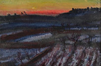 RENE SEYSSAUD (1867-1952) 
Crépuscule sur le champ
Huile sur papier, signée en bas...