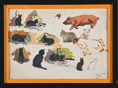 Joseph Milon (1868-1947) 
Étude pour chiens et chats
Huile sur carton, signée en...