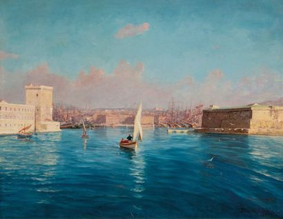 François Léon PRIEUR-BARDIN (1870-1939) 
L'entrée du Vieux-Port, Marseille Huile...