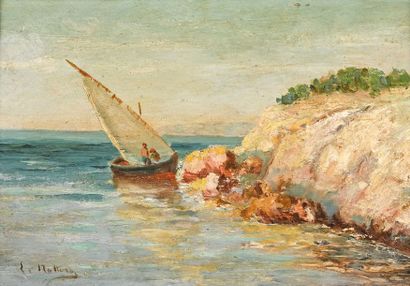 Louis NATTERO (1870-1915) 
Pêcheur en bord de côte
Huile sur panneau, signée en bas...