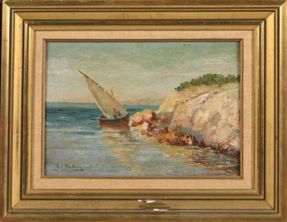 Louis NATTERO (1870-1915) 
Pêcheur en bord de côte
Huile sur panneau, signée en bas...