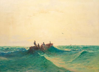 Louis NATTERO (1870-1915) 
Pêcheurs relevant leur filet Huile sur toile, signée en...