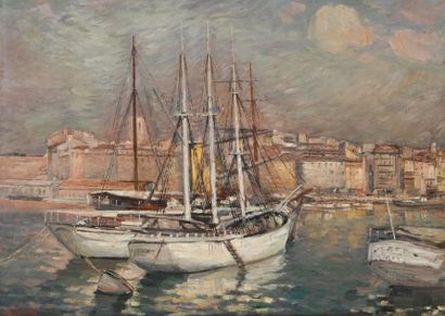 Horace RICHEBE (1871-1964) 
Voilier dans le port de Marseille Huile sur toile, signée...