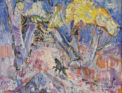 Richard MANDIN (1909-2002) 
Cavalier dans une clairière
Huile sur papier marouflée,...
