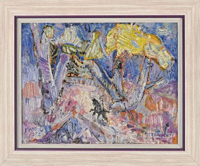 Richard MANDIN (1909-2002) 
Cavalier dans une clairière
Huile sur papier marouflée,...