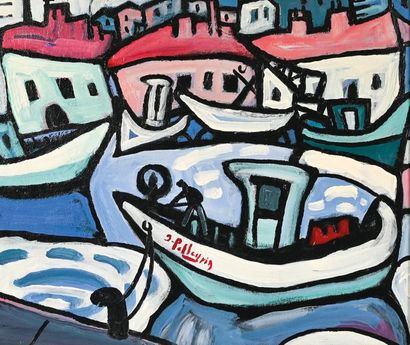 Jacques PELLEGRIN (Né en 1944) 
Vue d'un port
Huile sur toile, signée en bas au milieu
H....
