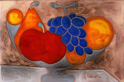 Gilbert Valentin (1928-2000) Nature morte aux fruits
Plaque en céramique émaillée...