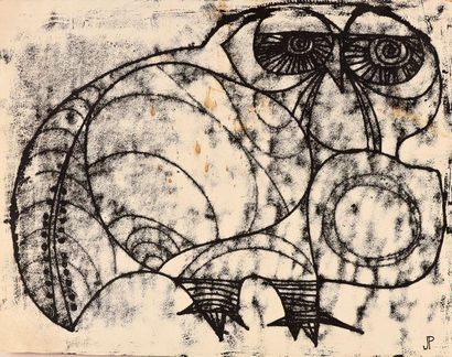 Jacques POUCHAIN (1925-2015) The Great Owl Monogrammed ink
drawing at the bottom...