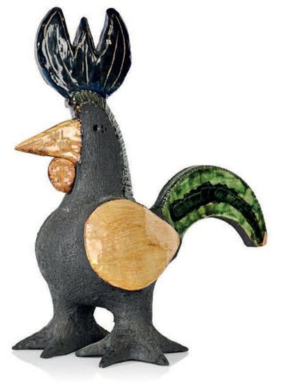 Dominique POUCHAIN (né en 1956) Le Coq
Sculpture zoomorphe en terre chamottée partiellement...
