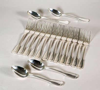 null Set of twelve silver-plated metal cutlery, model contour nets and twelve silver-plated...