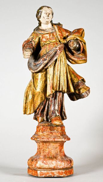 null Figure de Sainte en bois sculpté polychrome sur un piédestal XVIIIe siècle H....