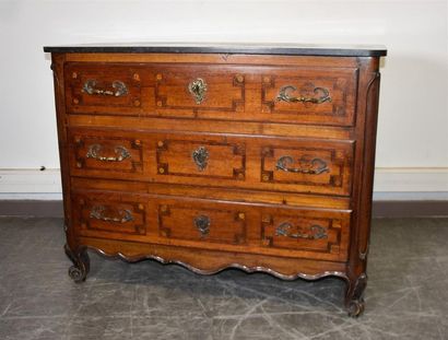 null Walnut chest of drawers with three drawers in front decorated with inlaid flowers...