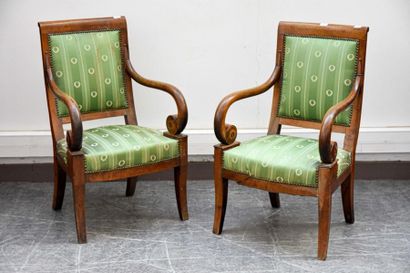 null Pair of moulded walnut armchairs, square backrest, armrest brackets in crosier...