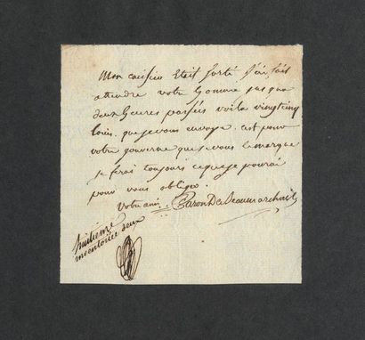 Pierre-Augustin Caron de BEAUMARCHAIS (1732-1799) Billet autographe signé. 1 p. in-8...