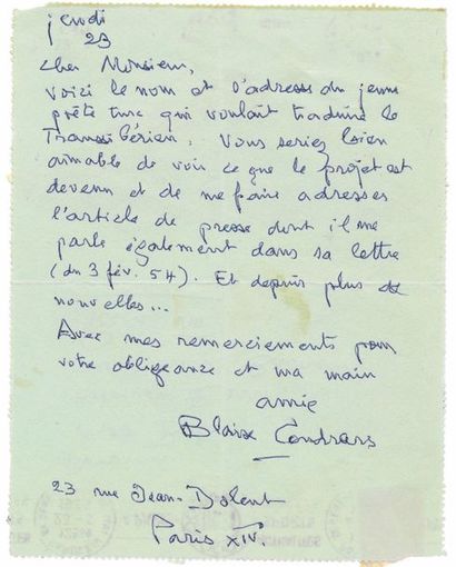 Blaise cendrars (1887-1961) L.A.S. à Max Bilen. Paris, 23 juin 1955. 1 p. in-8.
«Voici...