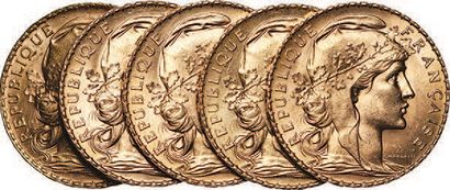null 20 gold francs Marianne (5 ex.) G. 1064a. TTB The 5 coins Gold
coins
France
Third...