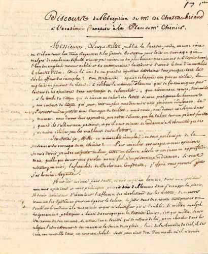 CHATEAUBRIAND François-René, vicomte de (1768-1848) 
Discours de reception de Mr...