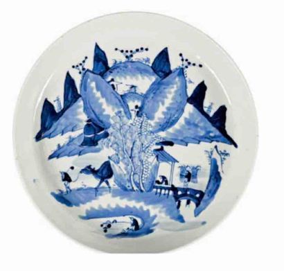 null CHINA White blue porcelain bowl with characters in a landscape decoration 

Late...