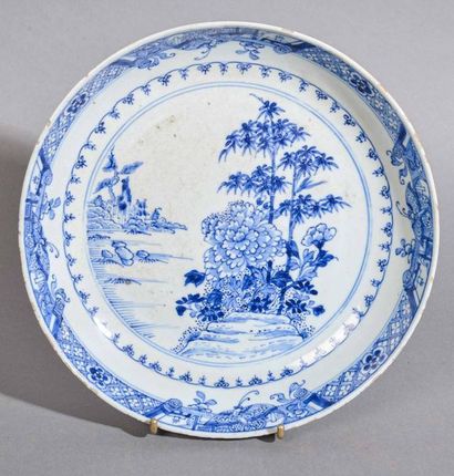 null CHINA Two porcelain soup plates with white-blue decoration of trees and bamboos...