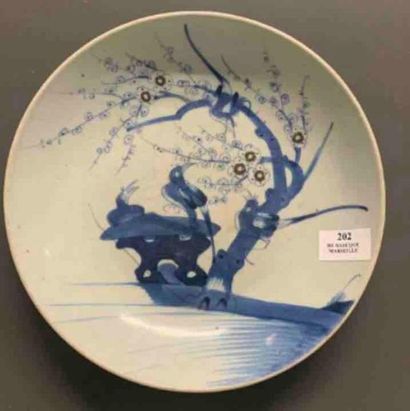 null CHINA Porcelain dish with white and blue bird decoration under a plum tree in...