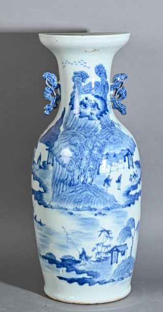 null CHINA Large baluster vase in white - blue porcelain with characters and lake...
