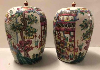 null CHINA Pair of polychrome porcelain ginger pots decorated with horsemen and followers...