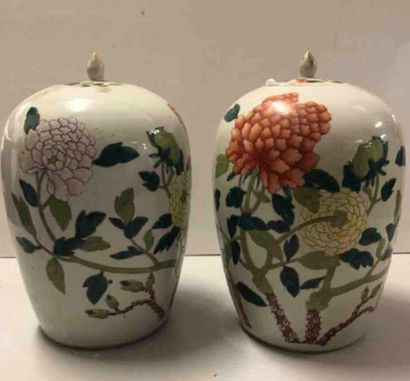 null CHINA - Canton Pair of porcelain ginger pots with polychrome red peony decoration...