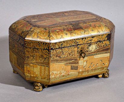 null CANTON Black and gold lacquered wooden quadripod tea box with palace scenes...