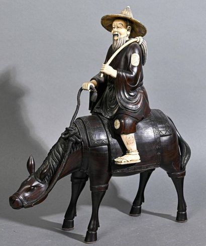 null ** JAPAN 
Toba on his mule in wood and ivory 
Late 19th - Early 20th centuries...
