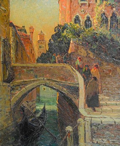 null Louis BONAMICI (1878-1966) Canal in Venice animated with characters 
 
Oil on...