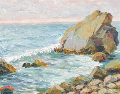null Provençal School Wave on a rock 

Oil on paper signed lower right 

H. 23 cm...