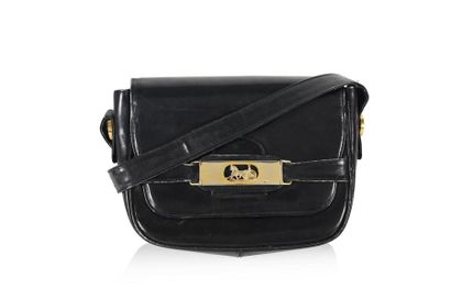 null CELINE Paris, vintage. Black leather satchel bag, engraved gold metal clasp...