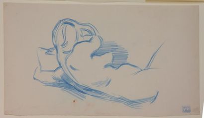 null Victor PROUVÉ (1858 1942)
Etude de nu de femme.
Dessin au crayon bleu. Porte...