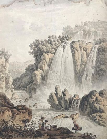 Ecole Italienne du XVIIIe siècle 
Vue animée de la cascade de Tivoli
Plume et encre...