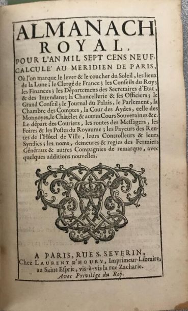 null [ALMANACH ROYAL]. 1709. A Paris, chez Laurent d'Houry, 1709. In-8°, reliure...